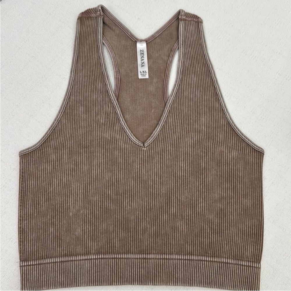 Mocha Stone Washed Cropped Ribbed Racerback Tank - Picture 6 of 7